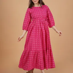 INDIANIC Ethnic Motifs Printed Puff Sleeves Fit and Flare Midi Dress-picture-34