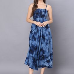 KALINI Tie & Dyed Shoulder Straps Smocked Fit & Flare Midi Dress-image-79