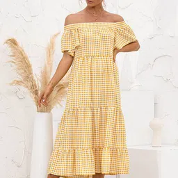 StyleCast x Revolte Yellow & White Checked Off-Shoulder Layered A-Line Midi Dress-3