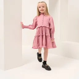 Angel & Rocket Girls High Neck Puff Sleeves Smocked Ruffled Tiered A-Line Midi Dress-33
