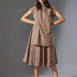 MATI Striped Extended Sleeves Cotton A-Line Midi Dress-picture-1
