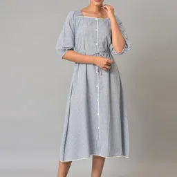AURELIA Checked Square Neck Pure Cotton A-Line Midi Dress-image-14