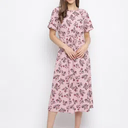 Mayra Pink Floral Crepe A-Line Midi Dress-image-36
