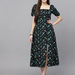aayu Floral Printed Square Neck Puff Sleeves A-Line Midi Dress-image-16