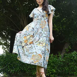 Sera Floral Blue Print Flutter Sleeve Midi Dress-image-1