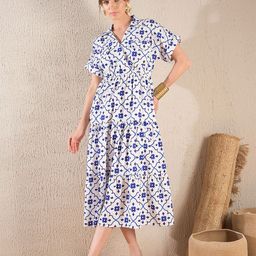 SASSAFRAS Navy Blue Ethnic Motifs Printed Tiered A-Line Midi Dress-image-20