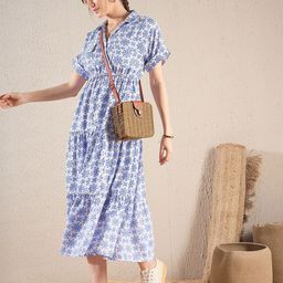 SASSAFRAS Blue Ethnic Motifs Printed Tiered A-Line Midi Dress-image-91
