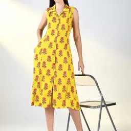 SHOWOFF Women Cotton Floral Shirt Collar Printed Sleeveless A-Line Midi Dress-picture-30