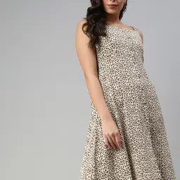 SHOWOFF Women Beige Animal Printed A-Line Midi Dress-image-65