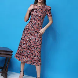 Popwings Geometric Printed Puff Sleeves Sheath Midi Dress-picture-14