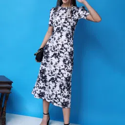 Popwings Tie and Dyed Printed Puff Sleeves Sheath Midi Dress-picture-14