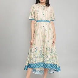 AURELIA Cream-Coloured & Blue Floral A-Line Midi Dress-image-78