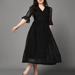Justin Whyte Bell Sleeve Jacquard Party Fit and Flare Midi Lace insert Dress-image-82