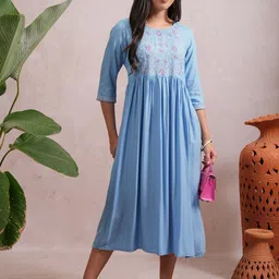 Vishudh Blue Floral Embroidered A-Line Midi Dress-image-69