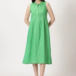 Saffron Threads Mandarin Collar Sleeveless A-Line Pintuck Detail Cotton Midi Dress-image-5