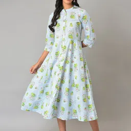 W Floral Printed Mandarin Collar A-Line Midi Dress-93