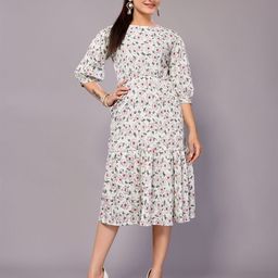 vj fashion Boat Neck Puff Sleeve Net A-Line Floral Midi Dress-picture-7