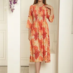 KALINI Floral Printed Round Neck Smocked Crepe A-Line Midi Dress-image-56