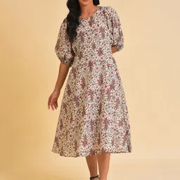 W White Ethnic Motifs Printed Puff Sleeve Pure Cotton A-Line Midi Dress-picture-17