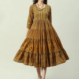 Biba Ethnic Motifs Printed Tiered Fit & Flare Cotton Midi Dress-image-22