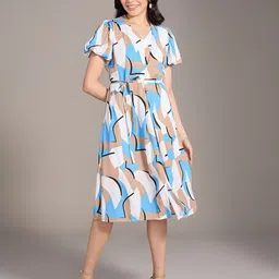 20Dresses xxd urban brights Blue V-Neck Abstract Print Puff Sleeves A-Line Midi Dress-image-33