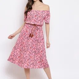 Mayra Pink Floral Off-Shoulder A-Line Midi Dress-picture-4