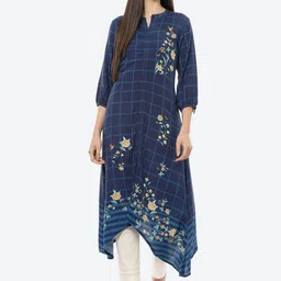Rangriti Navy Blue Floral Ethnic A-Line Midi Dress-image-7
