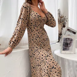 StyleCast Khaki Animal Printed V-Neck Puff Sleeves Gathered Detail A-Line Midi Dress-image-20