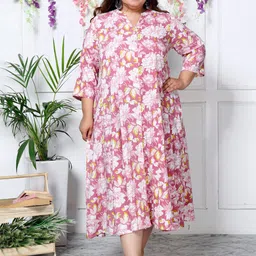 Swasti Plus Size Mandarin Collar Floral Print A-Line Midi Dress-picture-21