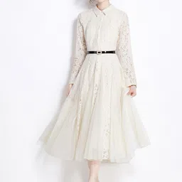 JC Collection Self Design Shirt Collar A-Line Midi Dress-image-67