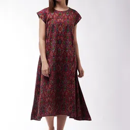 InWeave Maroon Ikkat A-Line Midi Dress-image-4