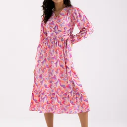 AASK Abstract Printed V-Neck Cuffed Sleeves Crepe A-Line Midi Dress With Belt-picture-28