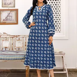 Ambraee Blue Ethnic Motifs Keyhole Neck A-Line Midi Dress-picture-55