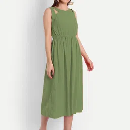 MINGLAY Olive Green Organic Cotton Crepe A-Line Midi Dress-picture-0