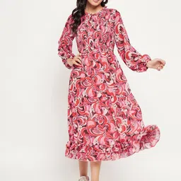 Antheaa Floral Printed Puff Sleeves Smocked Midi Dress-image-11