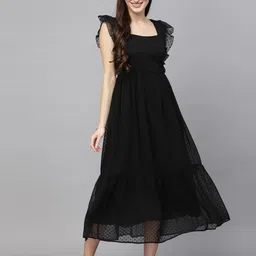 BAESD Square Neck Flutter Sleeves Georgette Sheer A-Line Midi Dress-image-12