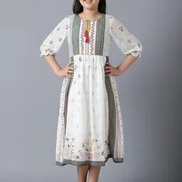 AURELIA Girls Ethnic Motifs Print Georgette Round Neck Bell Sleeve  A-Line Midi Dress-image-58