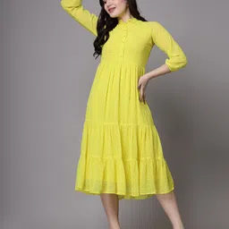aayu Self Design Mandarin Collar Gathered Tiered Georgette A-Line Midi Dress-picture-9