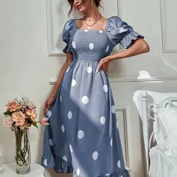 StyleCast Blue Polka Dots Printed Square Neck Puff Sleeves Smocked Fit & Flare Midi Dress-picture-23