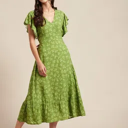 Moomaya V Neck Floral Printed Flutter Sleeve Smocked Wrap Midi Dress-image-29