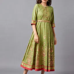 AURELIA Green & Pink Ethnic Motifs Ethnic A-Line Midi Dress-image-39