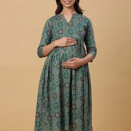 CRAFIQA Ethnic Motif Printed Band Collar Maternity A-Line Midi Cotton Dress-image-12