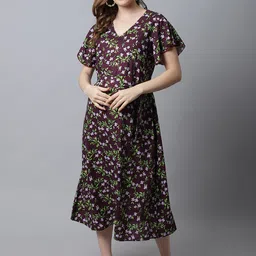 Frempy Brown Floral Maternity A-Line Midi Dress-43
