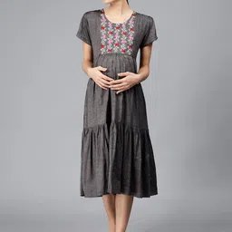 NIGHTSPREE Yoke Design Embroidered Maternity Fit & Flare Midi Dress-17