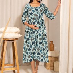 Janasya Floral Printed Cotton Maternity Fit & Flare Dress-image-85