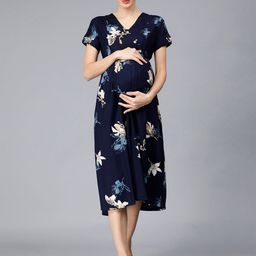 NIGHTSPREE Floral Printed V-Neck Maternity A-Line Midi Dress-image-74