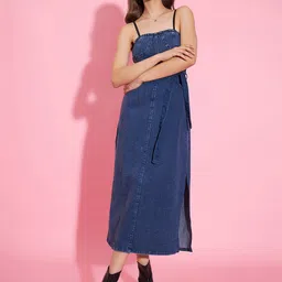 StyleStone Blue Shoulder Straps Smocked Denim A-Line Midi Dress-picture-5
