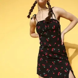 Berrylush Black & Red Tie-Up Neck A-Line Mini Dress-image-28
