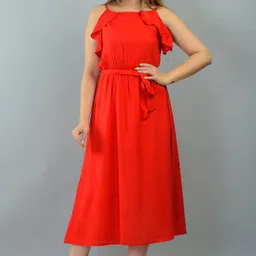 IQRAAR Women Red Solid Fit And Flare Dress-picture-5