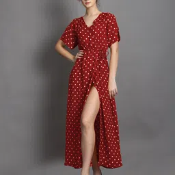 BAESD Polka Dots Printed Slit Sleeves Tie Up Wrap Dress-image-66